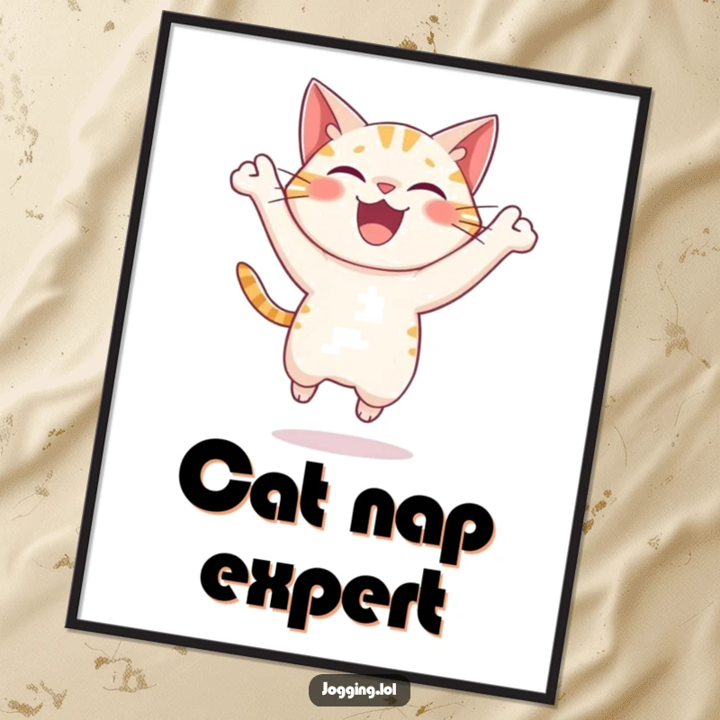 Funny cat poster capturing a delighted character mid-leap with joyous energy, radiating fun and playfulness for wall decoration, a great gift.