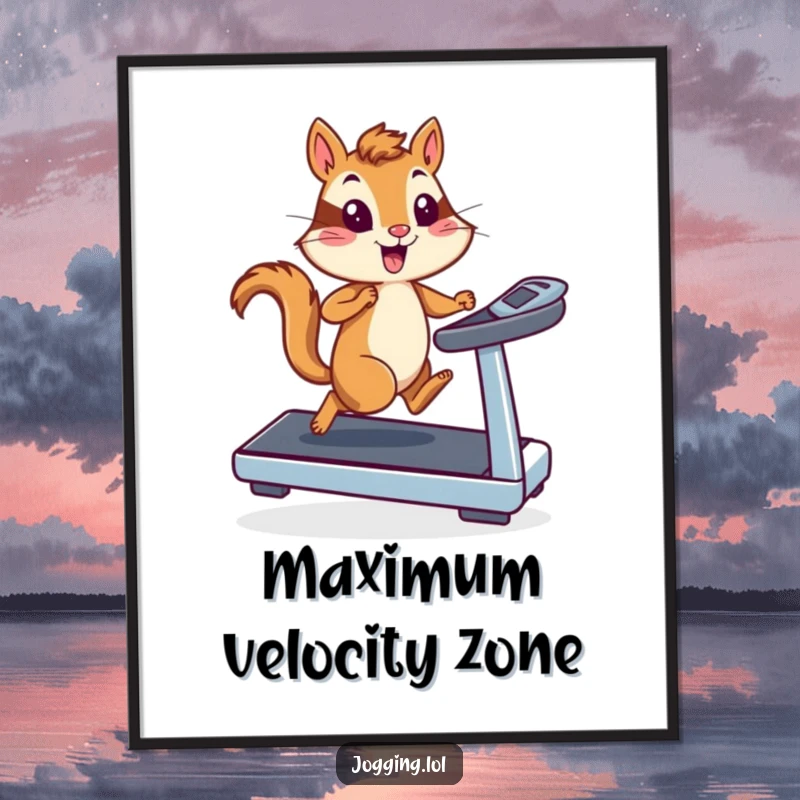 Funny chipmunk runner illustration on a poster, depicting high-speed treadmill action and energetic determination for humorous and motivational wall decor.