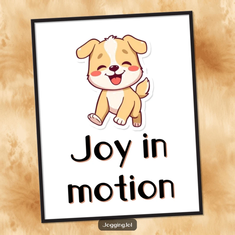 Funny dog poster showing a smiling character with its tail wagging energetically, bringing a cheerful and humorous vibe to any room.