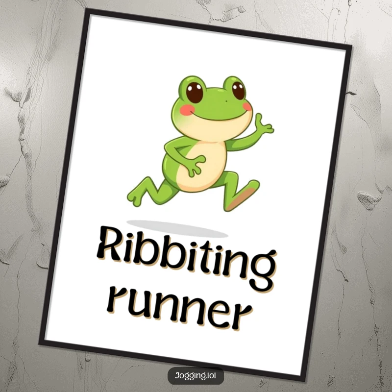 Funny poster of a happy frog character leaping forward enthusiastically during a jog, adding humor to decor.