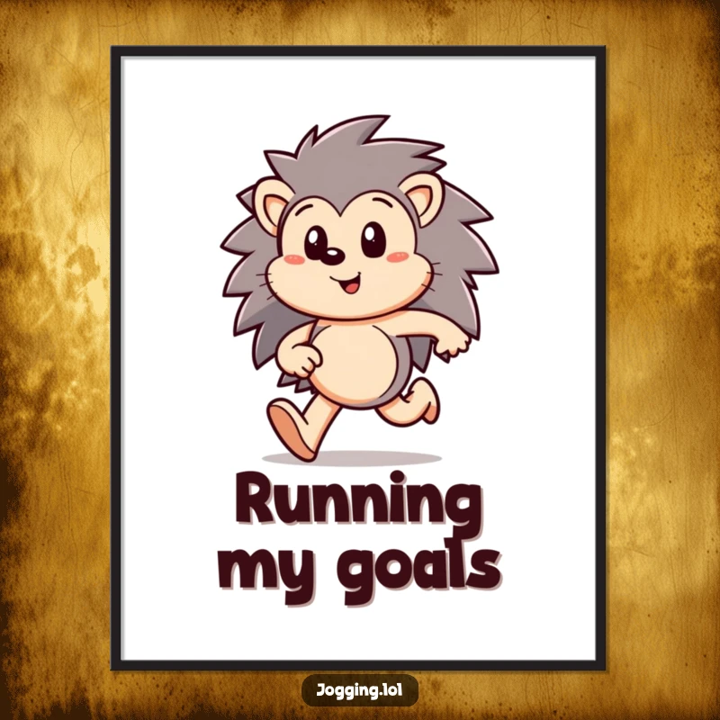 Funny hedgehog poster art of a happy character running with a focused expression, symbolizing dedication and drive, a unique funny gift.