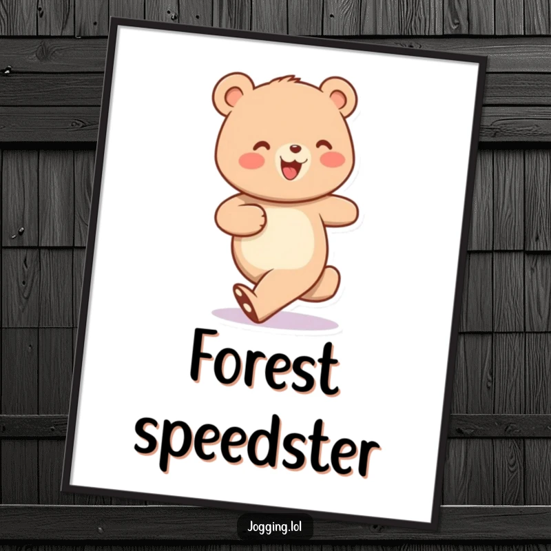Funny poster of a cheerful bear character jogging with adorable, bobbing steps, adding a humorous vibe to decor.