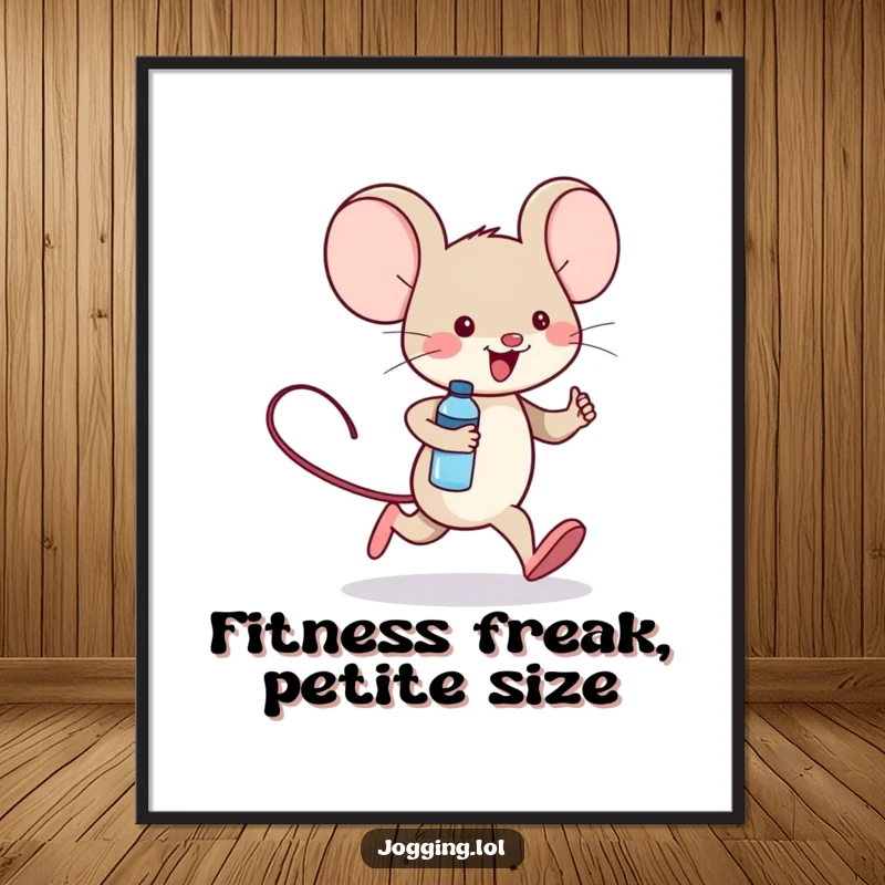 Funny poster art of a cheerful mouse character jogging with a small water bottle, bringing a dose of animated energy.