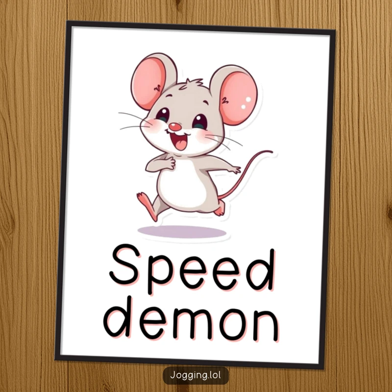 Funny poster depicting a joyful mouse character happily speeding along with tiny legs, celebrating enthusiastic movement.