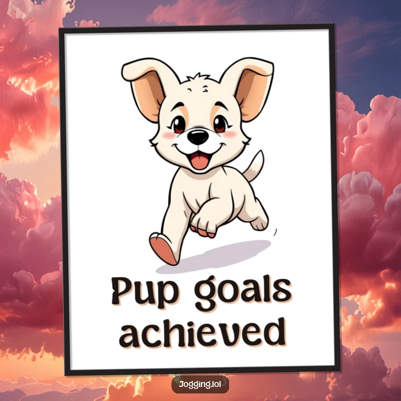 Funny poster of a determined puppy character jogging with big floppy ears, adding humorous and energetic dog-themed wall art, a delightful funny gift.