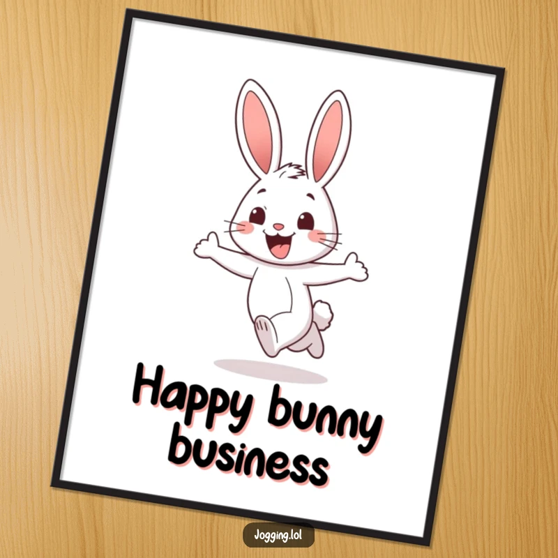 Funny rabbit poster capturing a cheerful character jogging with a wide, excited grin, radiating positivity and fun for wall decoration, a great gift.