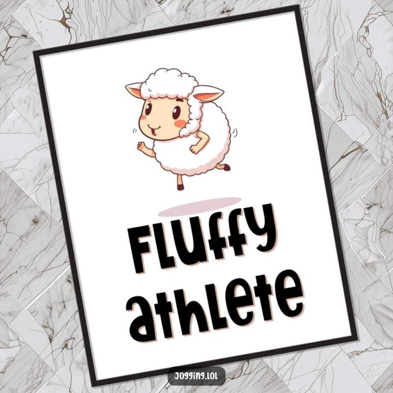 Funny sheep poster featuring a fluffy sheep comically jogging with a determined, happy expression. Humorous wall art.