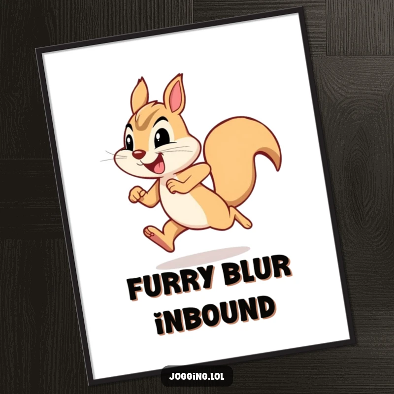 Funny squirrel poster of a joyful squirrel character sprinting with humorous determination, perfect for adding lively decor.