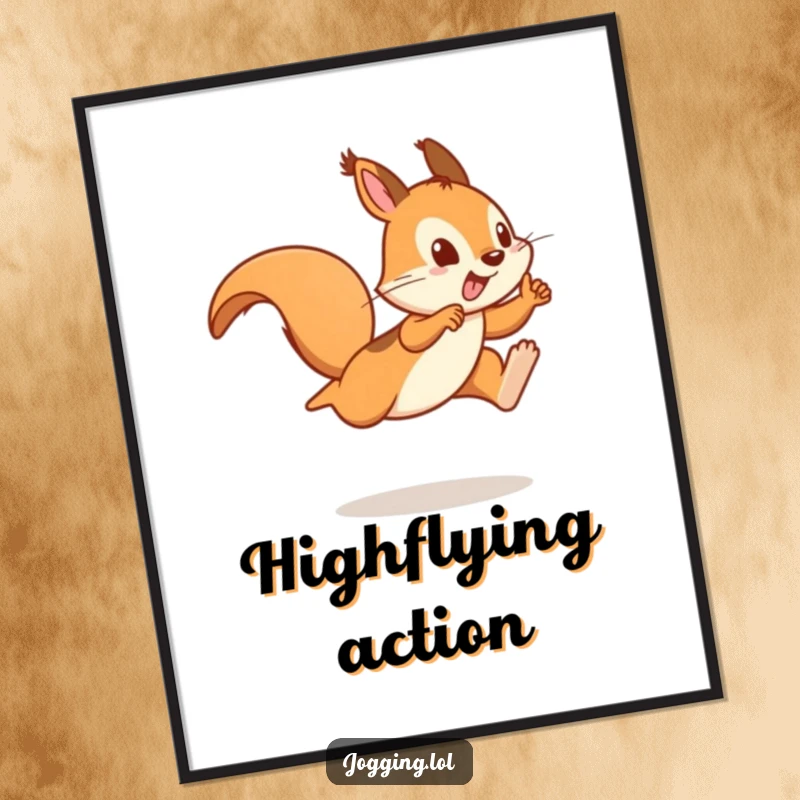 Funny poster art of a playful squirrel sprinter captured mid-leap, showcasing incredible agility and joyful momentum.