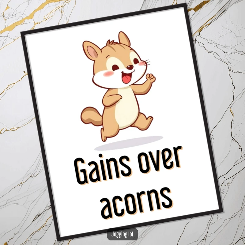 Funny poster of a cheerful squirrel vigorously pumping its tiny arms while jogging, capturing energetic and humorous movement.