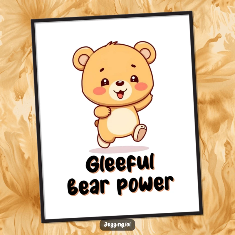 Funny bear cub poster capturing a gleeful character bouncing with each stride, radiating pure joy and energy for wall decoration, a great gift.