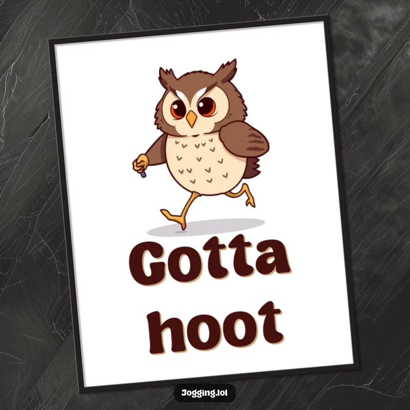 Funny owl poster featuring a determined bird comically jogging with tiny jogging poles. Humorous wall art for bird enthusiasts.