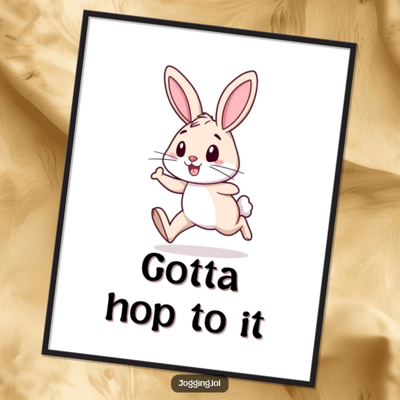 Funny poster print of a cheerful rabbit with determined legs, mid-jog, bringing vibrant energy and humor to any wall.