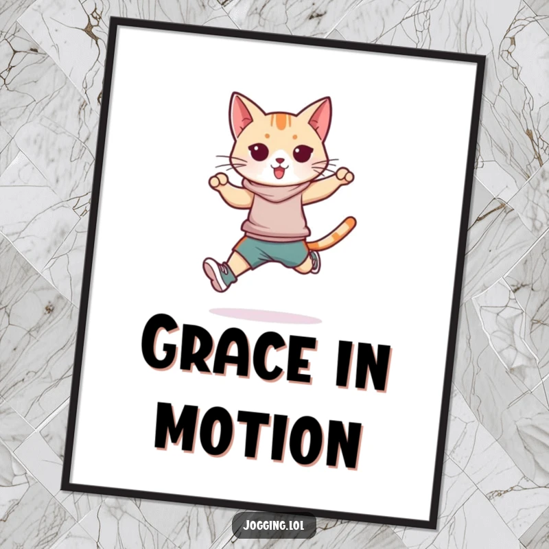 Funny athletic cat poster, sleek feline sportswear, jumping stride, dynamic art, wall decor, great funny gift