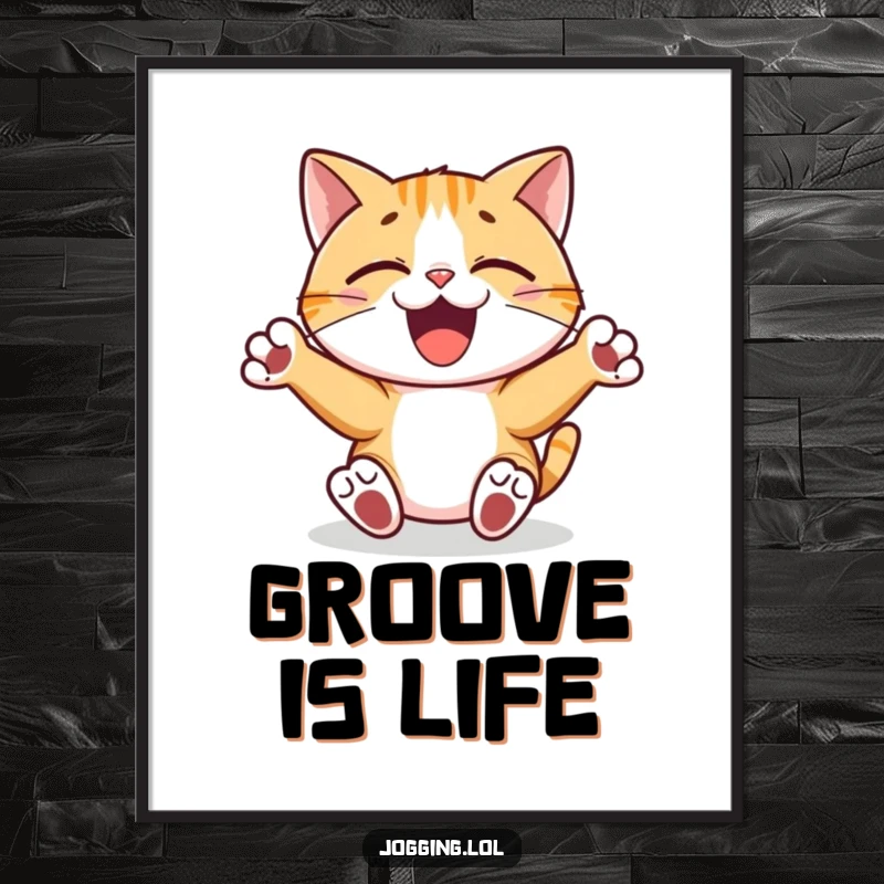 Funny poster of a joyful cat character with paws pumping rhythmically, showcasing musical talent and feline grace, perfect for wall art.