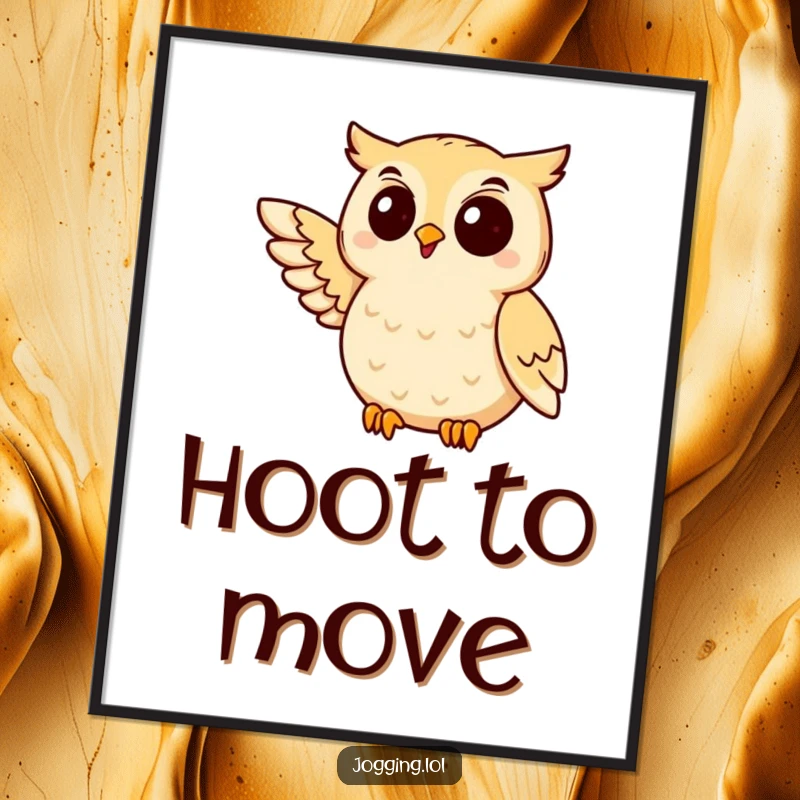 Funny owl jogging poster featuring a delighted bird mid-jog with wing extended, adding wise humor to decor.