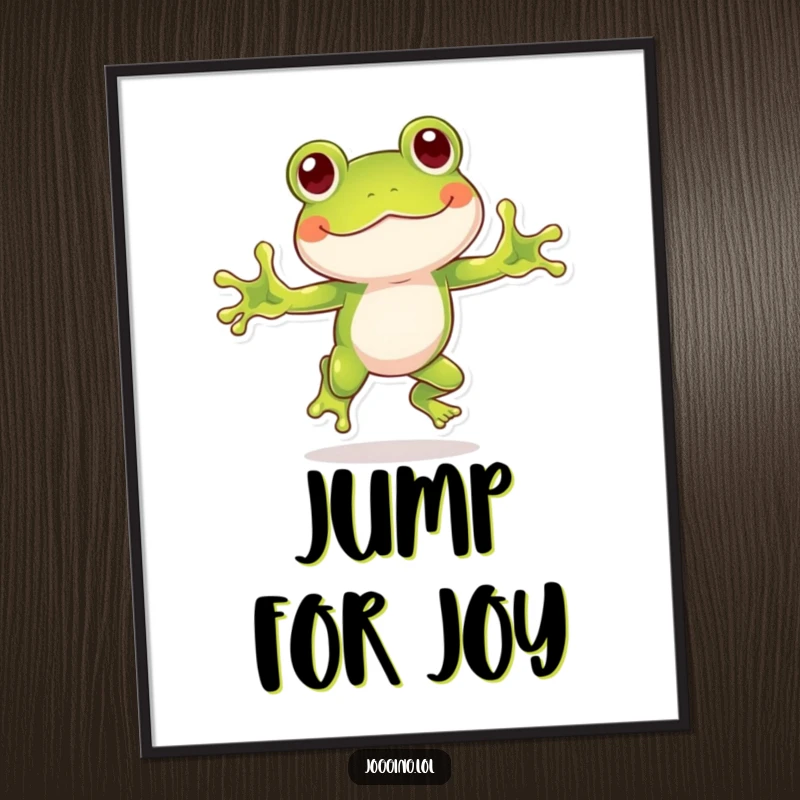 Funny frog poster of a playful frog character hopping with humorous enthusiasm, embodying pure, energetic joy.