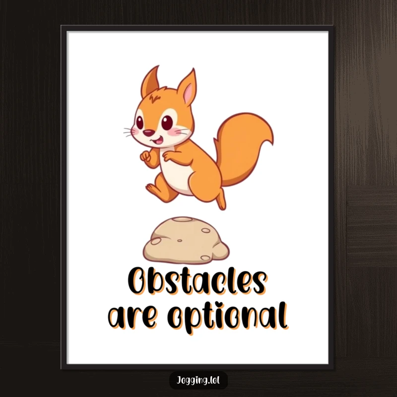 Funny poster print of a playful squirrel in mid-air, dynamically leaping over a small obstacle with agility.