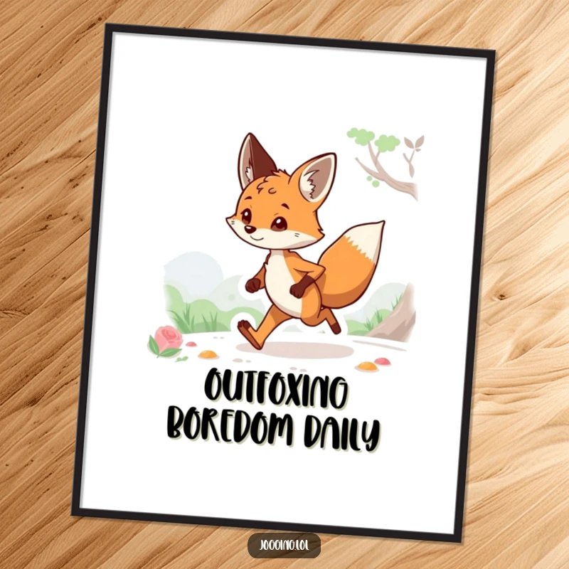 Funny poster featuring a curious fox jogging, looking at nature, creating a whimsical and humorous wall art piece, a delightful funny gift.