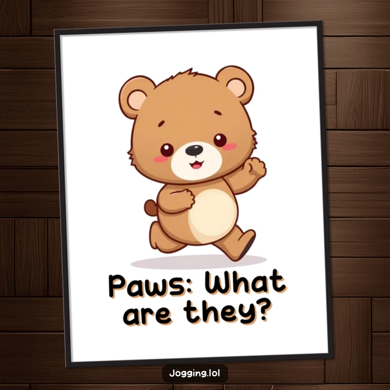 Funny poster print of a curious bear cub character jogging tentatively, looking down at its paws, offering a humorous wall decoration.