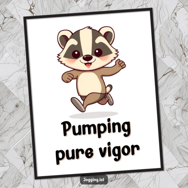 Funny badger jogger art print, showing pumping arms and playful energy, a humorous illustration perfect for motivational wall decor.