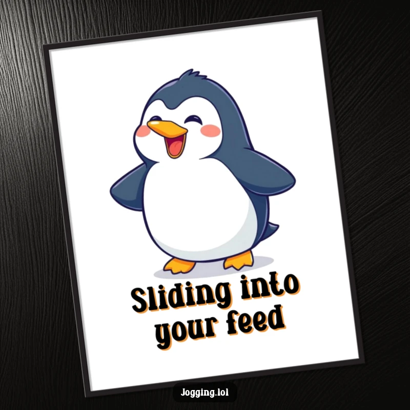 Funny penguin poster showing a delighted character in a joyful slide with a wide grin, bringing a humorous vibe to any wall.