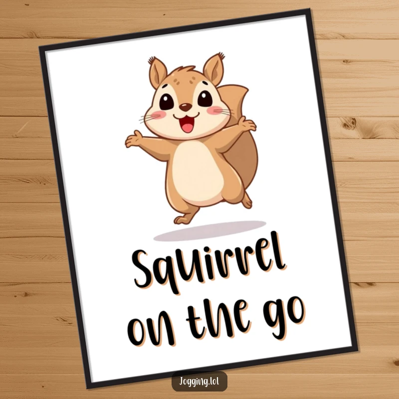 Funny squirrel poster featuring a cheerfully bouncing squirrel with legs blurred in motion, capturing dynamic, humorous energy.