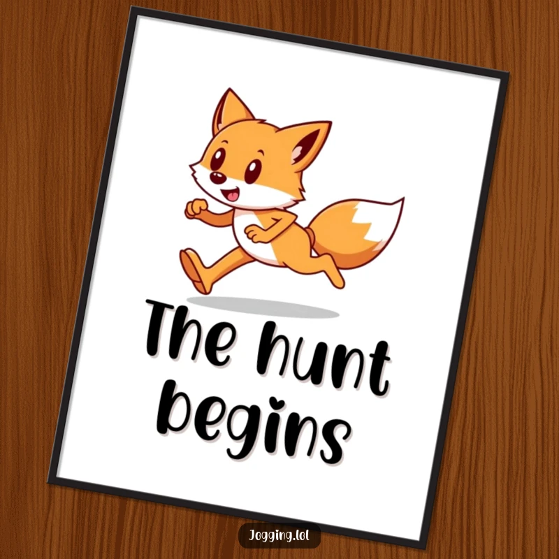 Funny poster art of a happy fox runner in full stride, exuding focus, energy, and a hint of slyness.