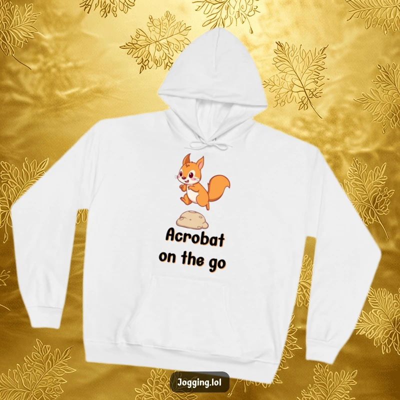 Funny hoodie featuring a playful squirrel mid-leap, jumping over an obstacle with a mischievous glint.