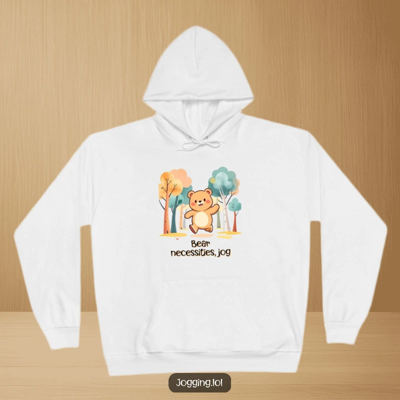 Funny hoodie featuring a jubilant bear character jogging through abstract trees, offering warmth and woodland-inspired cheer.