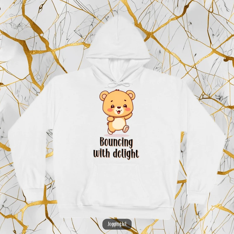 Funny bear cub hoodie showcasing a gleeful character bouncing with each stride, embodying happiness and comfort, a cozy gift.