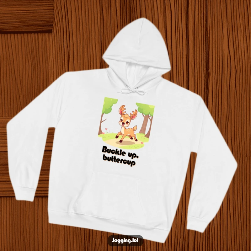 Funny deer hoodie with a smiling character eagerly bounding along a path, offering cozy humor and a sense of joyful exploration.
