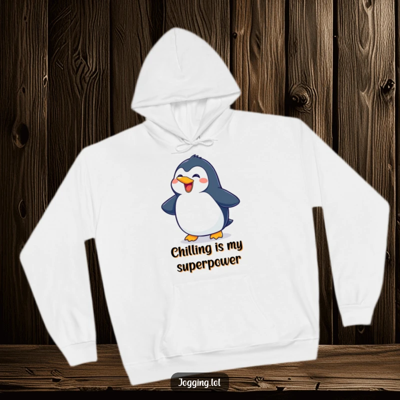Funny penguin hoodie showing a delighted character in mid-slide with a huge grin, offering warmth and humorous charm.
