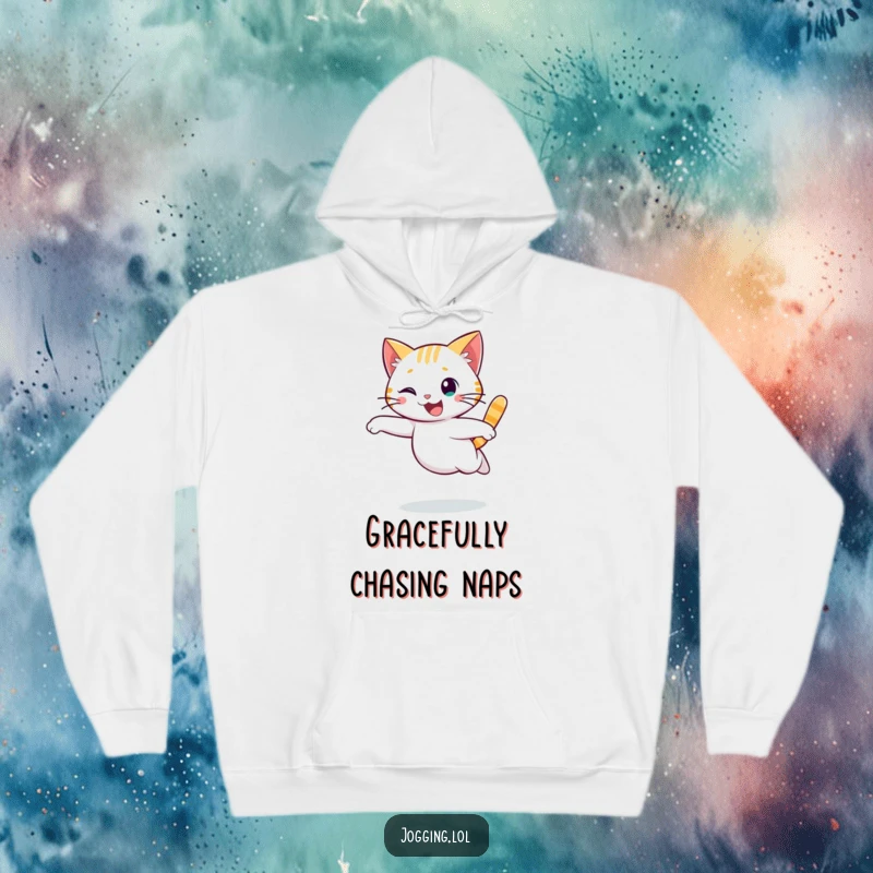 Funny cat hoodie with a cheerful character running with a graceful, flowing motion, offering warmth and a dose of playful charm.
