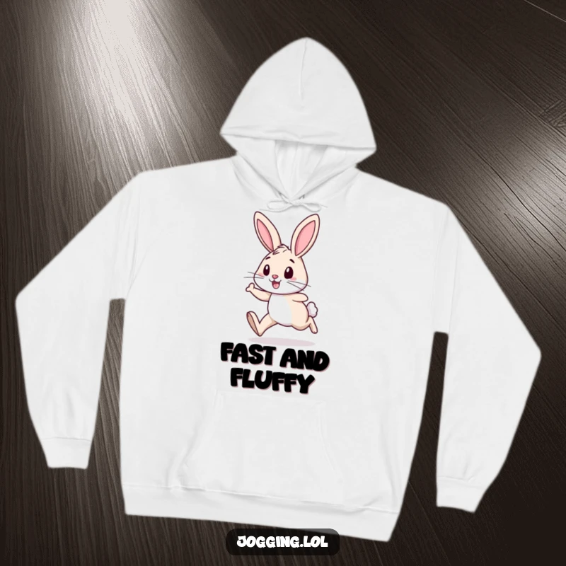 Funny hoodie displaying a cheerful rabbit determinedly jogging forward, ready to conquer any distance with a smile.