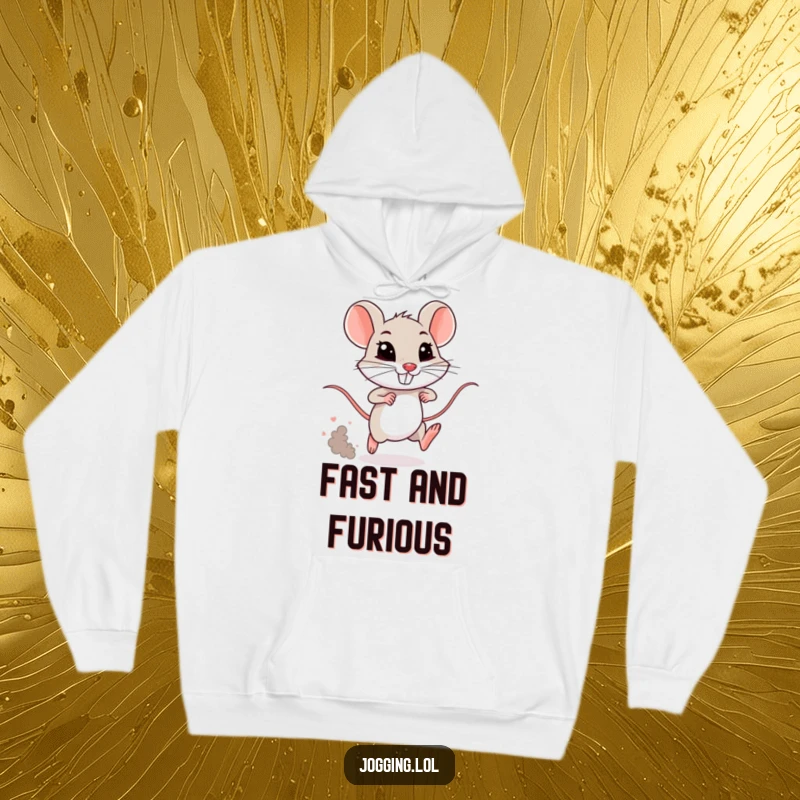 Funny mouse hoodie with a tiny, grinning rodent sprinting and creating a dust cloud. Ideal for cozy, humorous, and active wear.