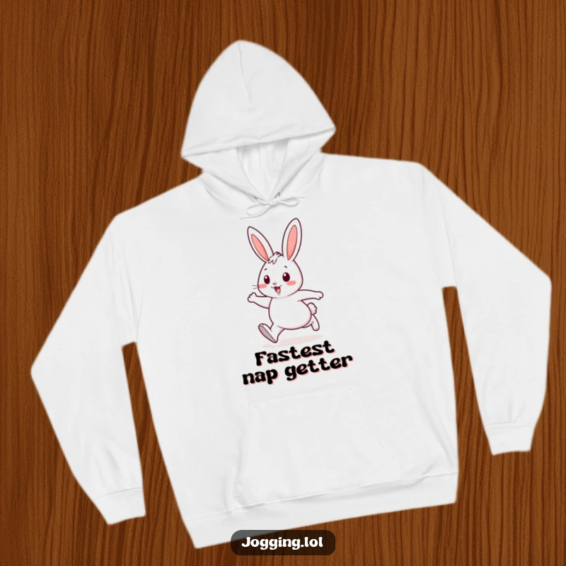 Funny hoodie featuring a cheerful rabbit character with dynamic, energetic strides, exuding happiness and a love for movement.