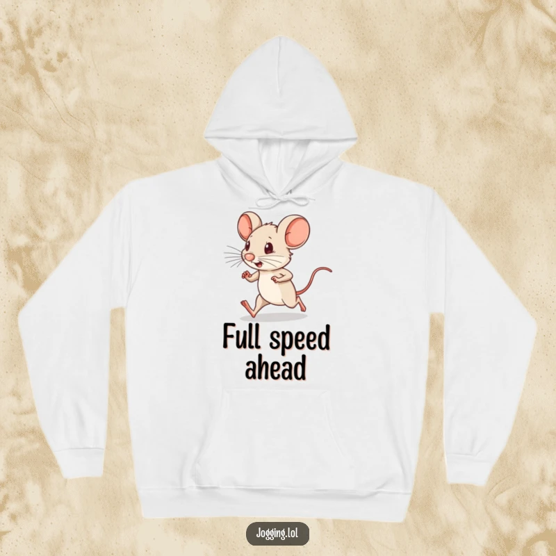 Funny hoodie depicting a determined little mouse character in mid-run, with tiny legs pumping rapidly, embodying hustle.