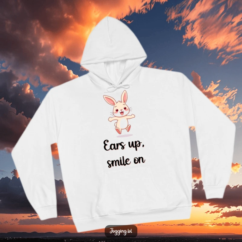 Funny bunny hoodie showing a happy rabbit sprinting with ears flapping, offering a cozy and humorous addition to any wardrobe.