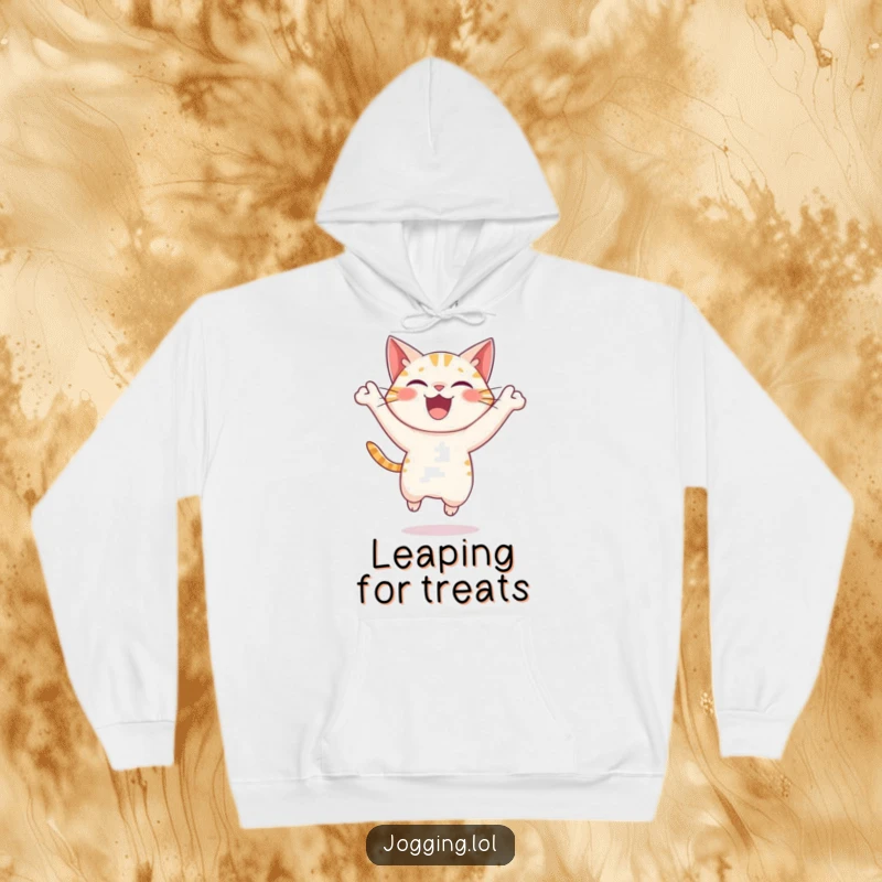 Funny cat hoodie illustrating a delighted character leaping forward with pure joy and dynamic energy, a perfect cozy gift option.