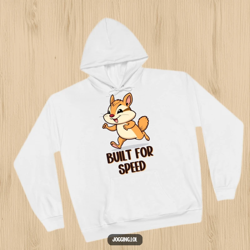 Funny chipmunk hoodie showing a smiling rodent mid-jog, offering comfort and a funny vibe for outdoor enthusiasts.