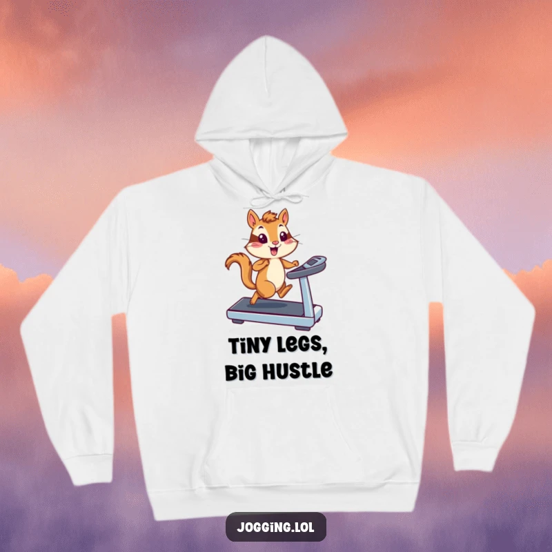 Funny energetic chipmunk runner on a treadmill, depicted with speed and enthusiasm on a warm hoodie, perfect for a humorous, active lifestyle.
