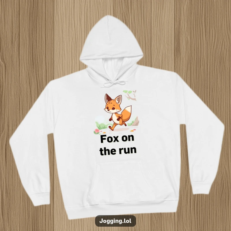 Funny hoodie with a curious fox character jogging and admiring the view, exuding playful curiosity, excellent for cozy, humorous wear.