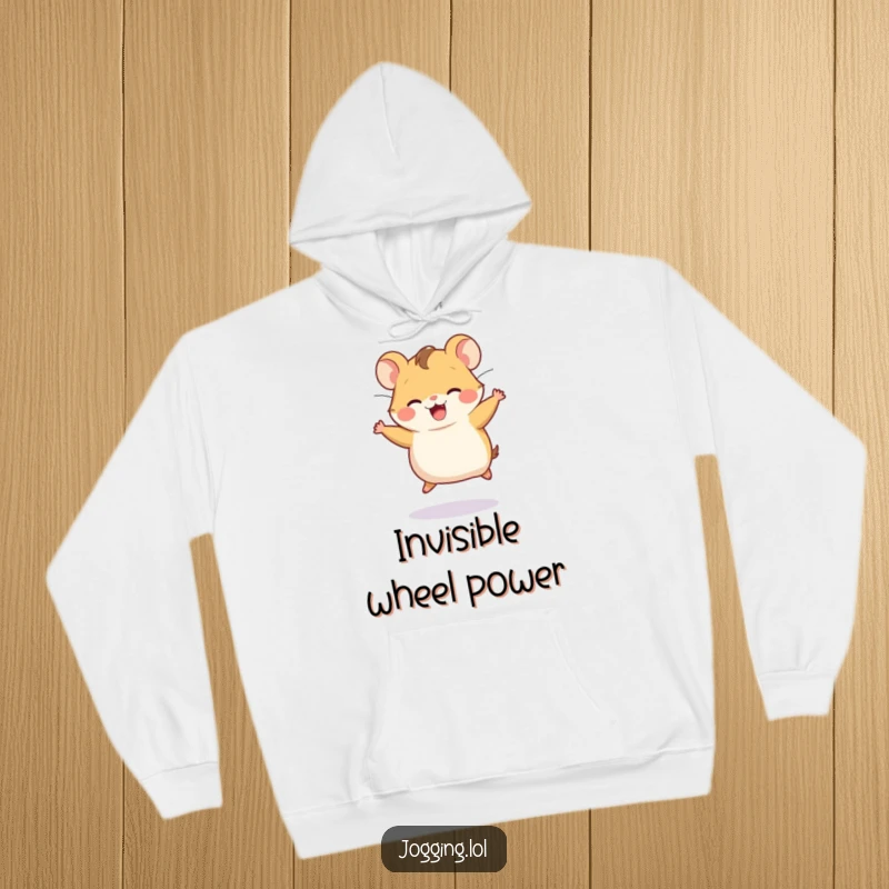 Funny hoodie depicting a joyful hamster character running on an invisible wheel, full of boundless energy and cheer.