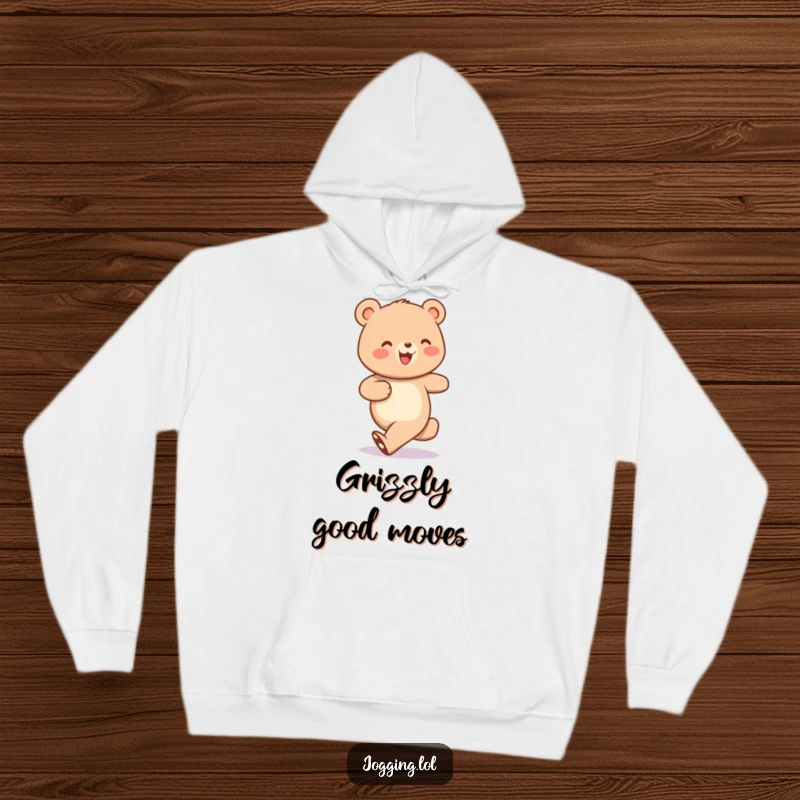 Funny hoodie showcasing a happy bear character jogging with amusingly small, bobbing steps, designed for cozy humor.