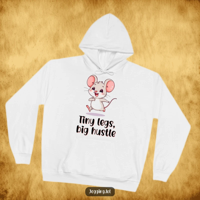 Funny hoodie featuring a joyful mouse character happily speeding along with tiny legs, designed for comfort and a touch of energetic charm.