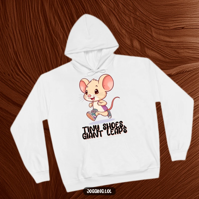 Funny little mouse runner wearing tiny sneakers, featured on a cozy hoodie, bringing miniature charm and humorous comfort to the wearer.