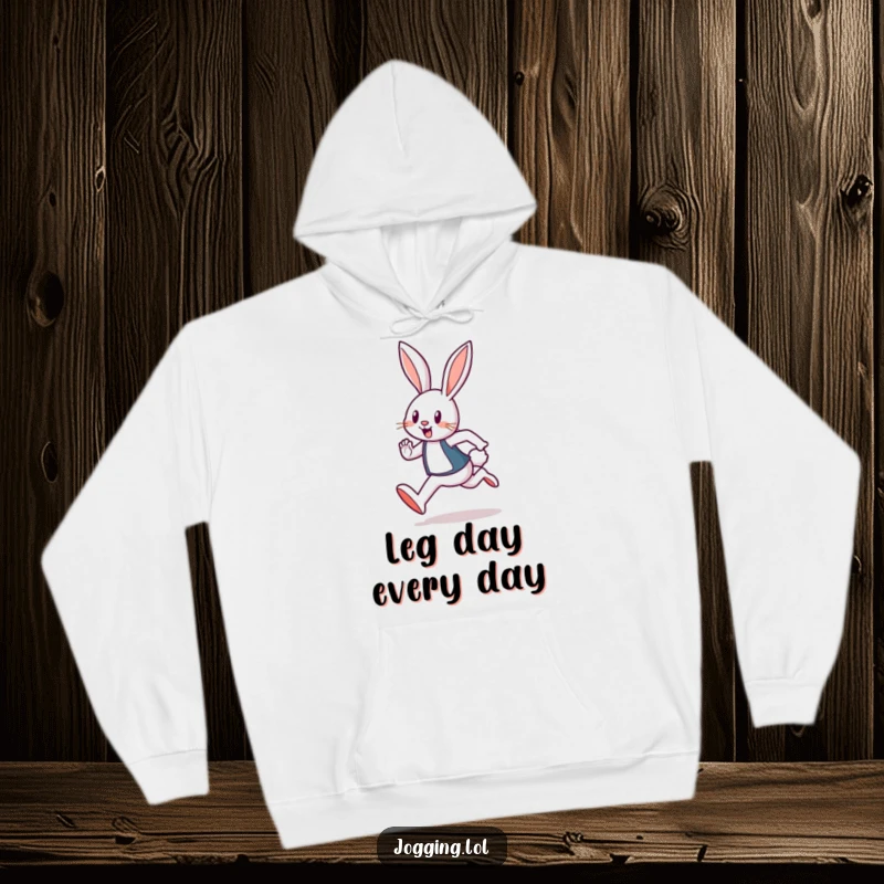 Funny hoodie with a cheerful rabbit jogger in a dynamic hopping pose, radiating warmth and playful energy.