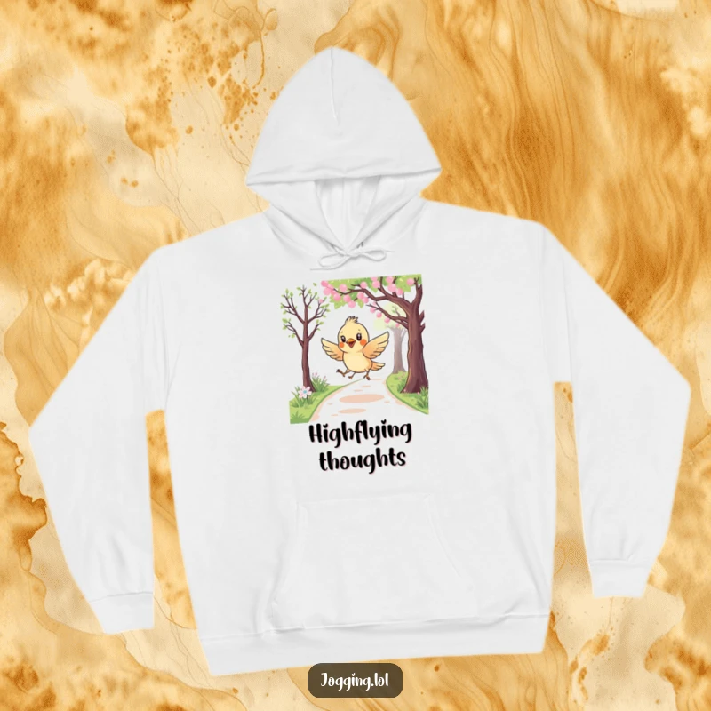 Funny hoodie featuring a curious bird character playfully swooping over a jogging path, designed for comfort and a touch of lighthearted charm.