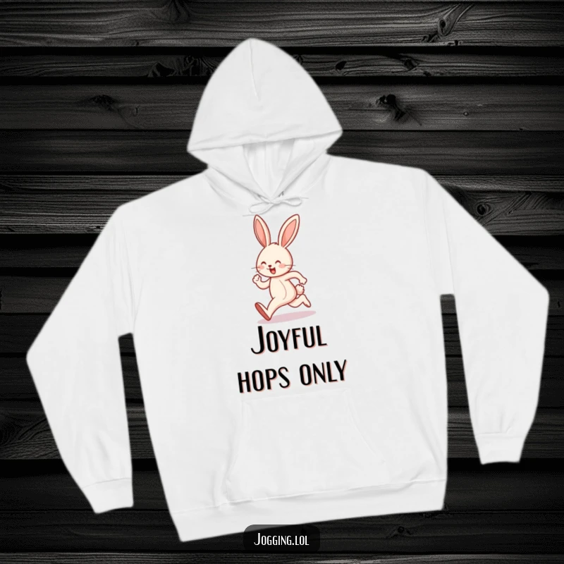 Funny hoodie with a design of a joyful bunny character doing a cute hop while jogging, exuding contagious cheerfulness.